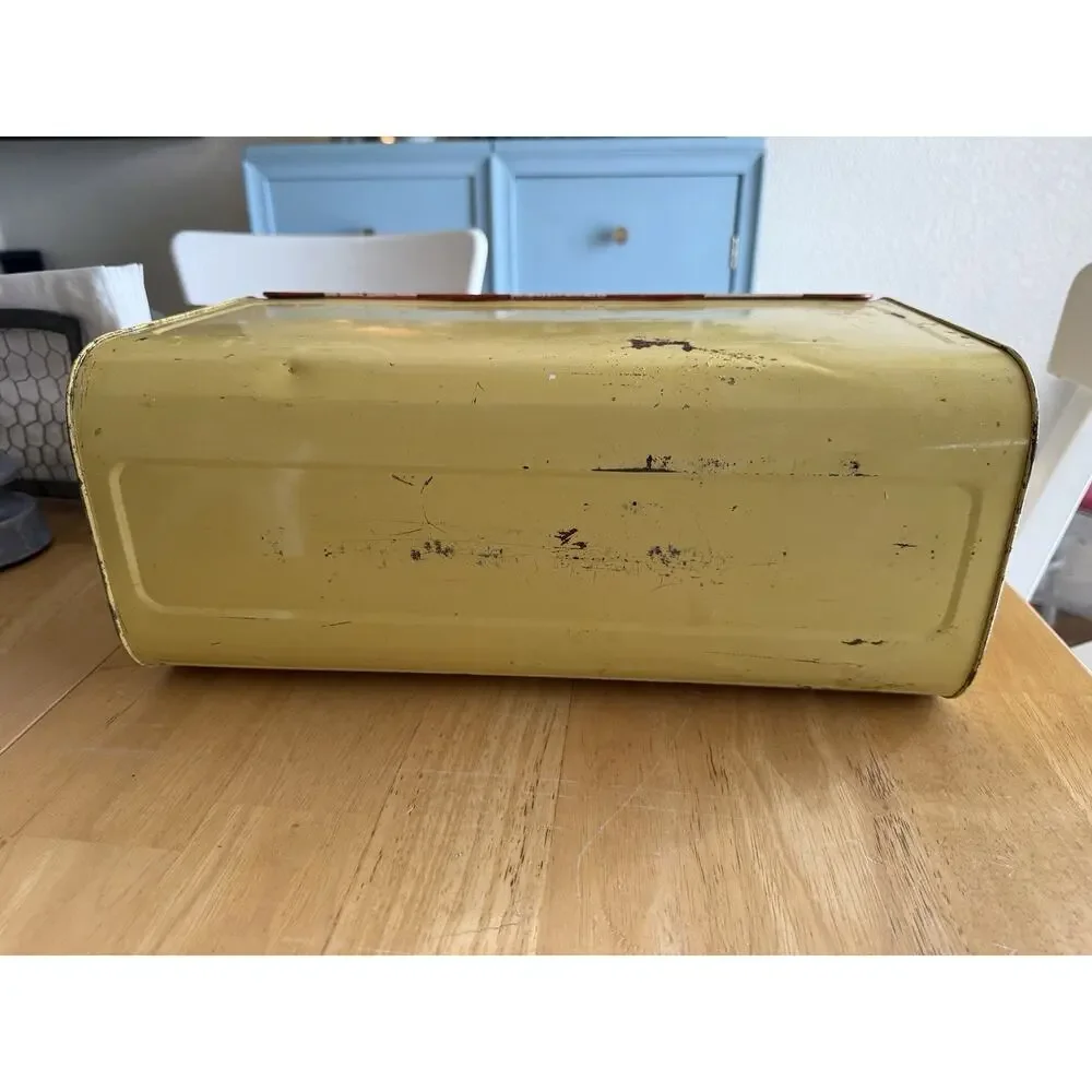 Vintage‎ Decoware Metal Bread Box w/Yellow Lattice Pattern W/Cherry motif